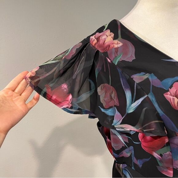 Bloomchick tulip Floral print Black short sleeve peplum Top/blouse - Picture 3 of 13